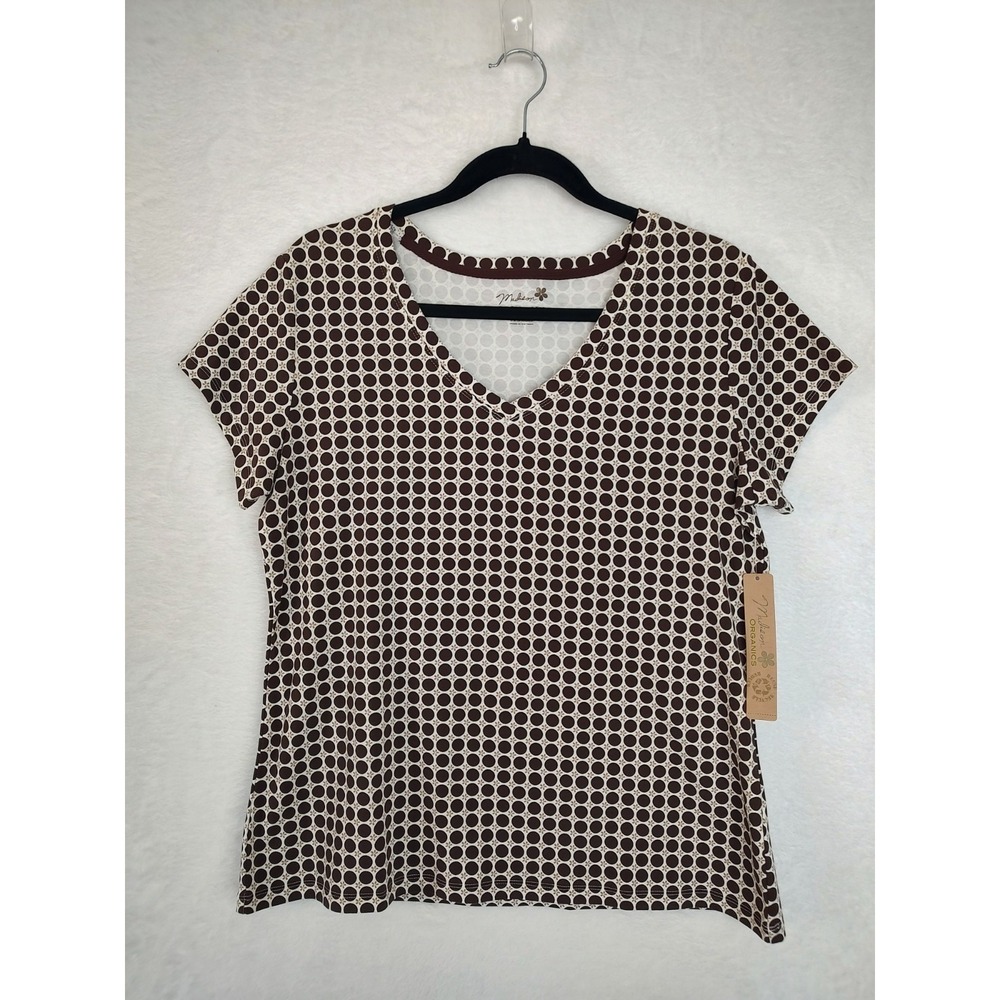 Madison Organics The Organic Tee Brown Cream Dot Floral V-Neck Top Large NWT